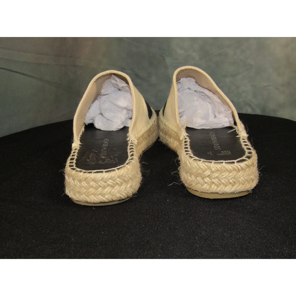 South Beach Womens Espadrille Mule Sandals Cream Black Cap Toe Jute Platform 7